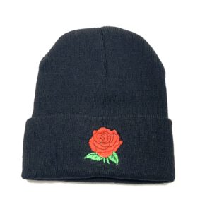 Black knitted toque embroidered rose